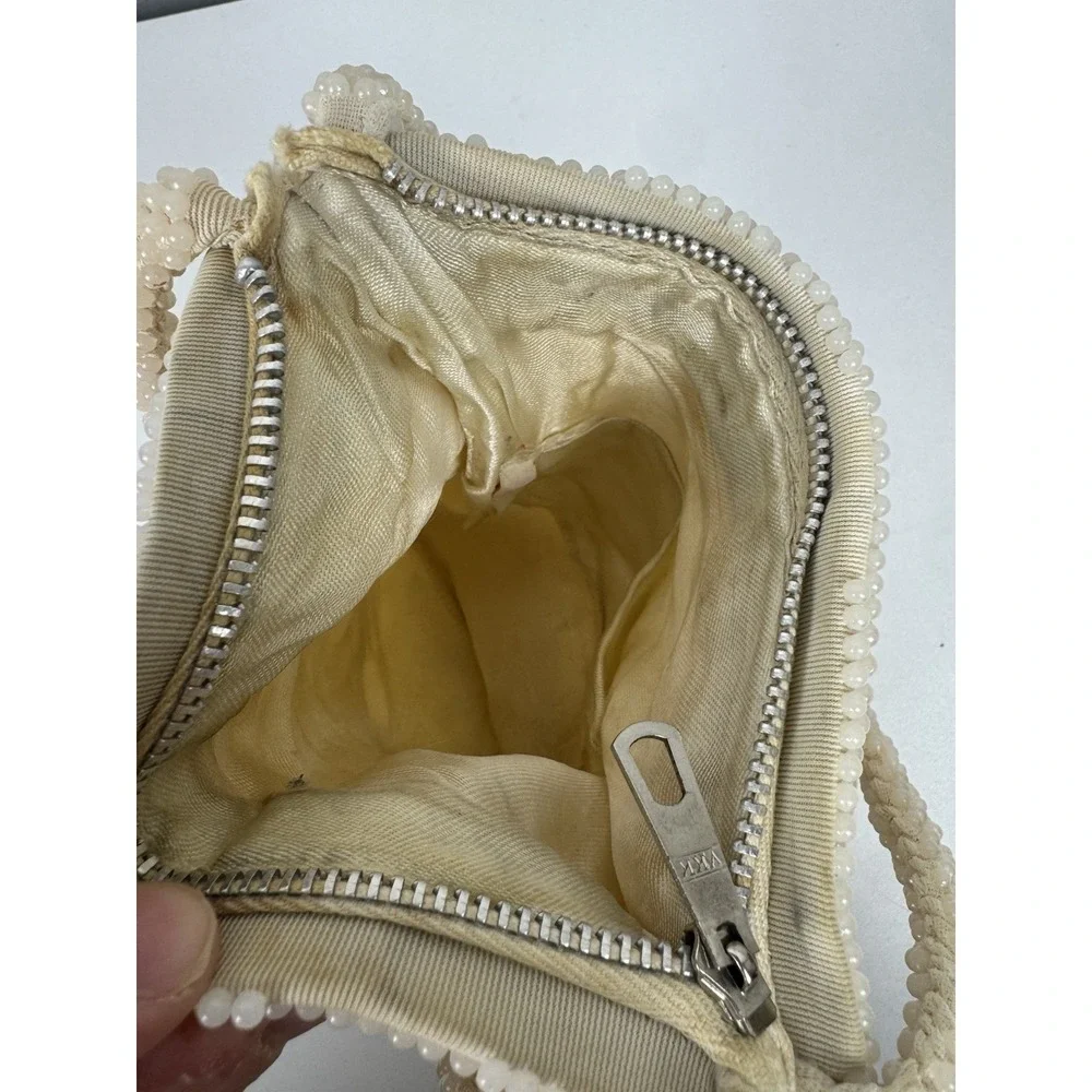 Vtg 1960s Beaded Cream Evening‎ Handbag Handmade Hong Kong Top Handle Purse